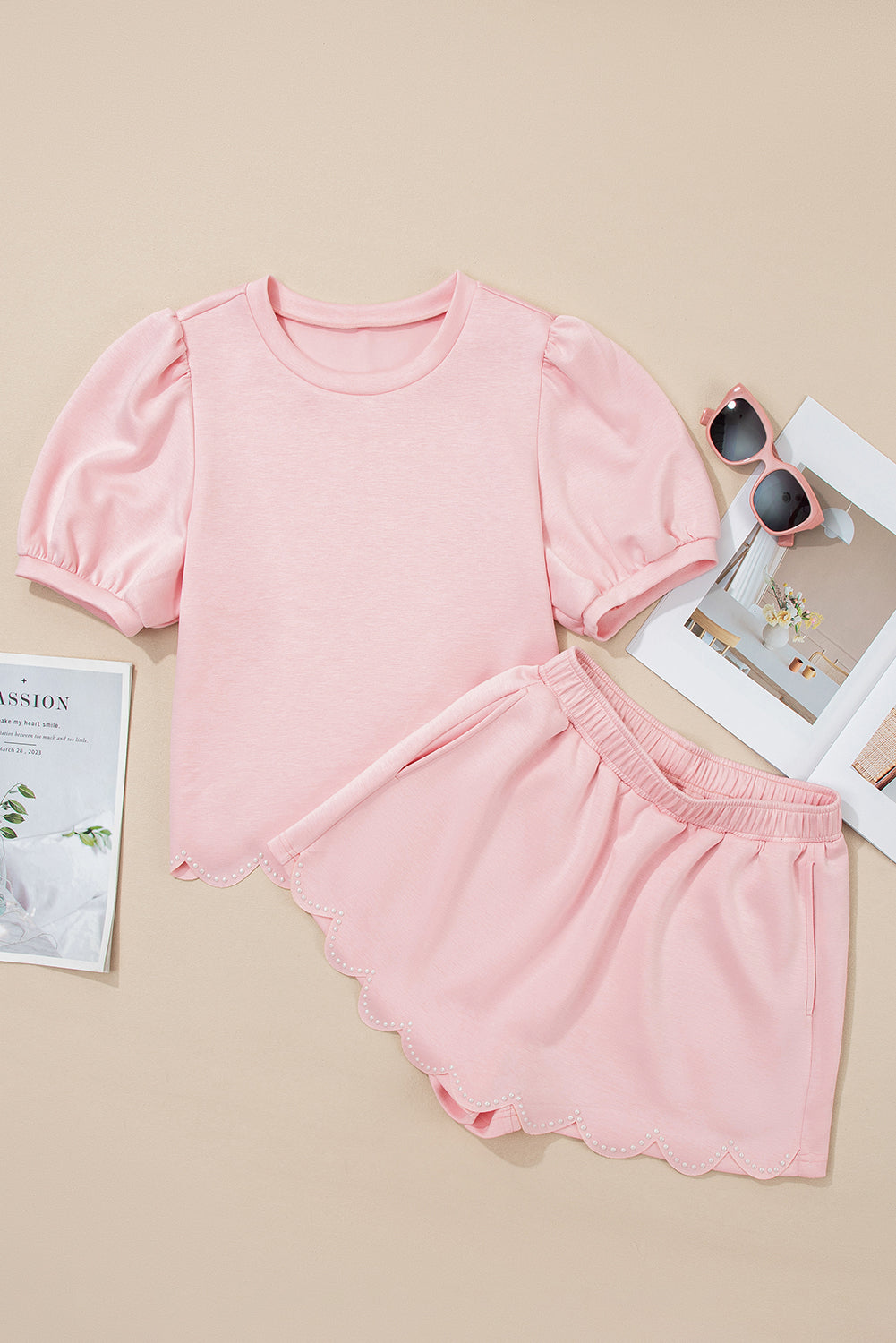 Puff Sleeve Pearl Embellished Scallop Set