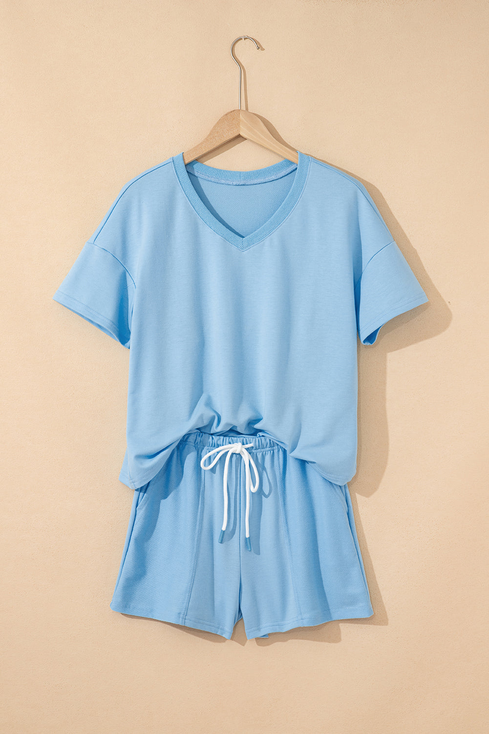 Top and Patchwork Drawstring Shorts Set