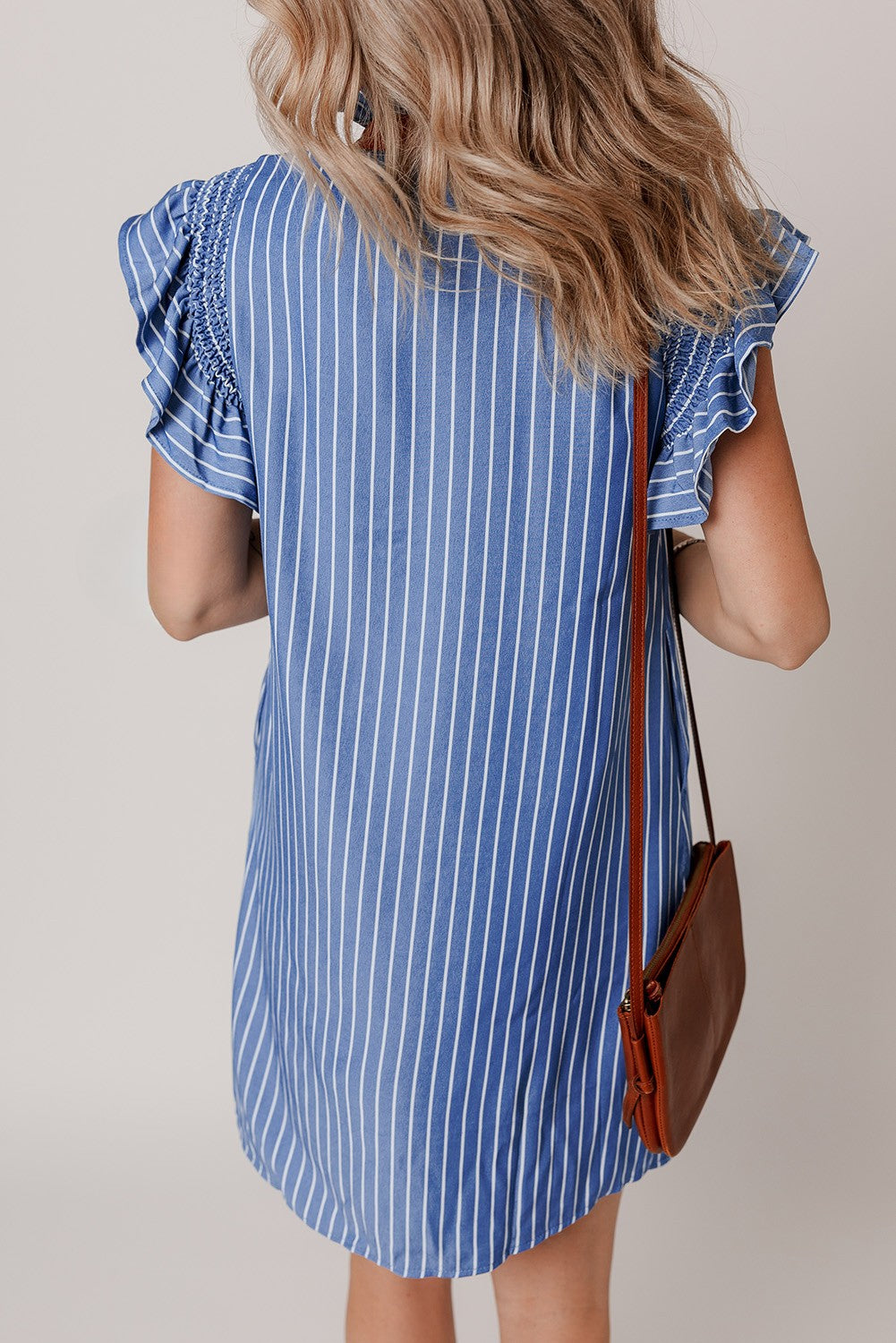 Stripe Frilly Split Neck Shirred Ruffle Sleeve Dress