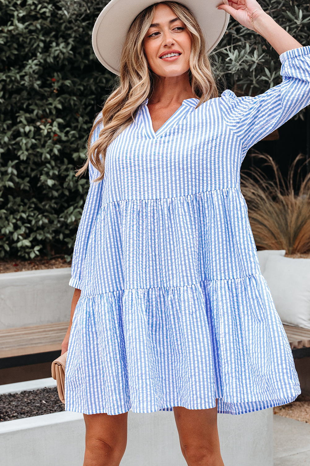 Stripe Bracelet Sleeve Tiered Dress with Pockets