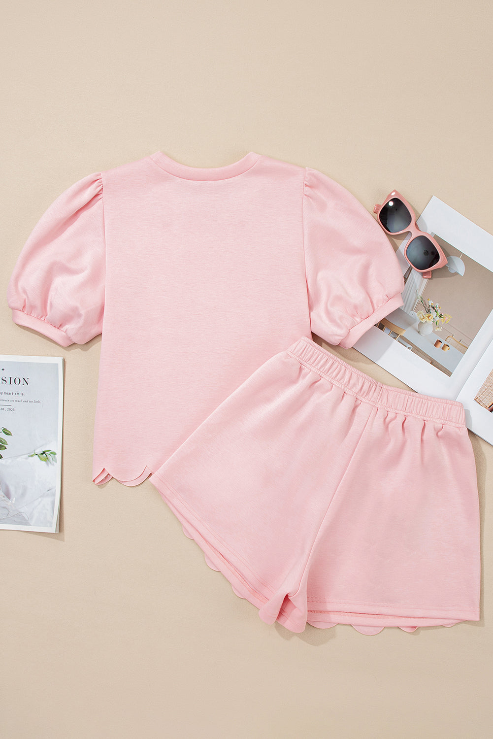 Puff Sleeve Pearl Embellished Scallop Set