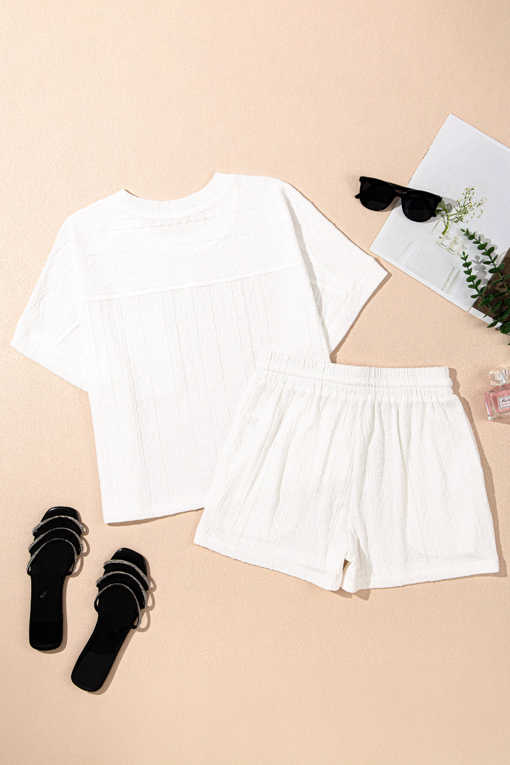 Textured Patched Pocket Drawstring Shorts Set