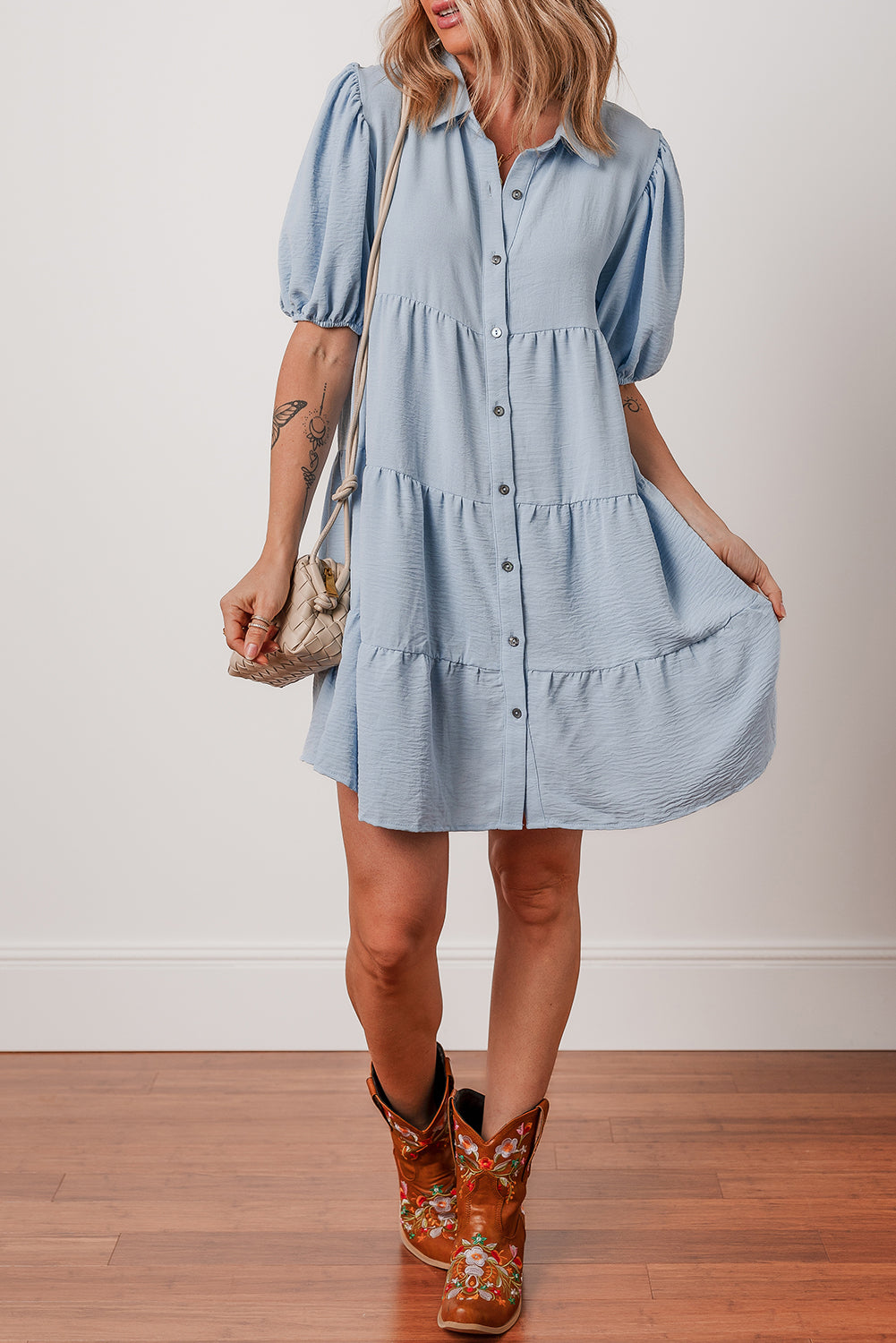 Shirt Collar Button Up Puff Sleeve Tiered Dress