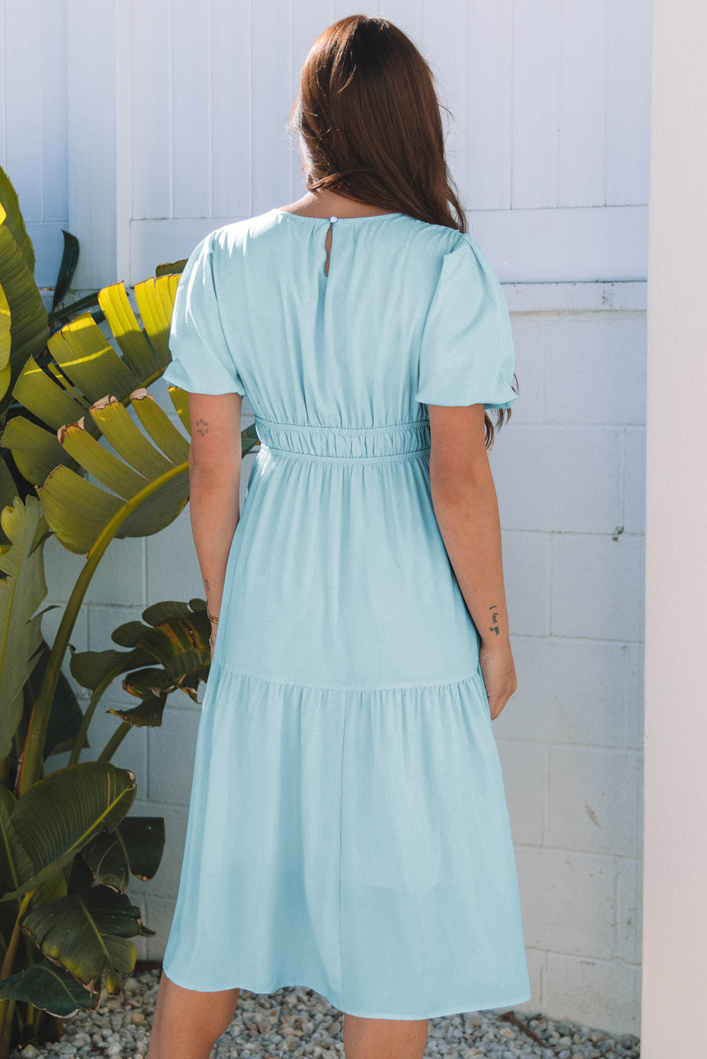 Puff Sleeve Pleated High Waist Midi Dress