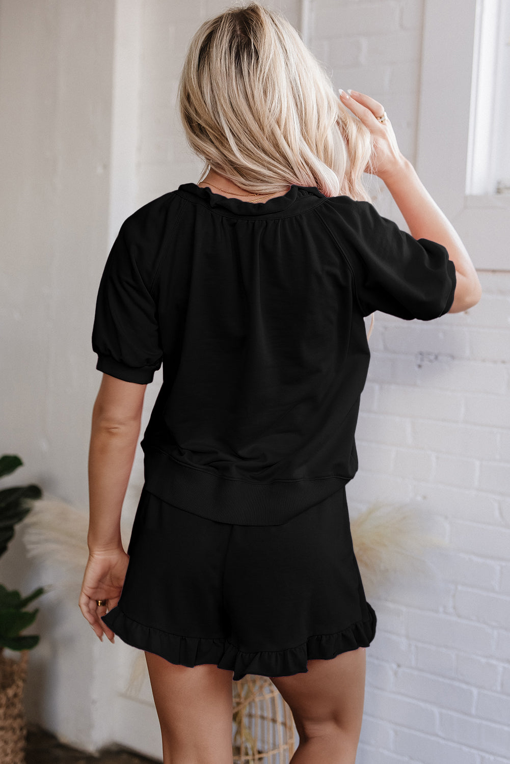 Puff Sleeve Top and Ruffled Shorts Set