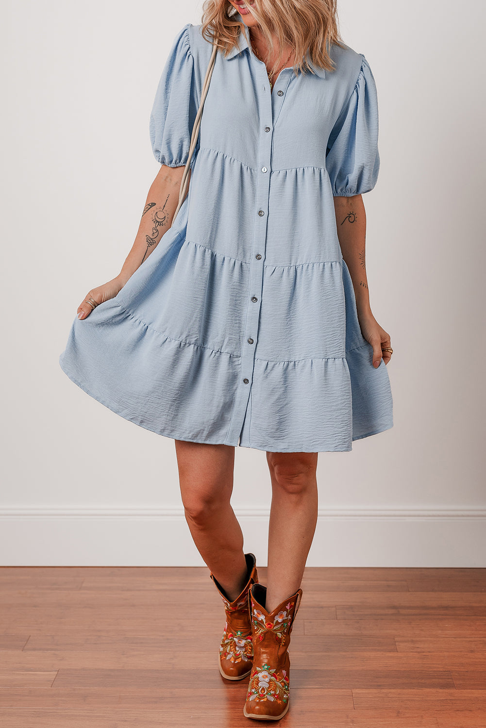 Shirt Collar Button Up Puff Sleeve Tiered Dress