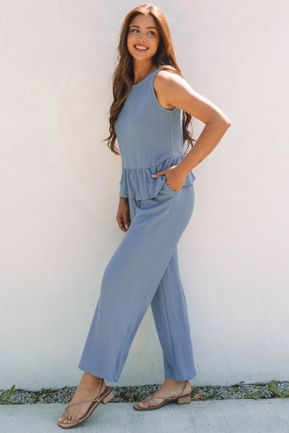 Ribbed Ruffle Tank Top and Pants Set