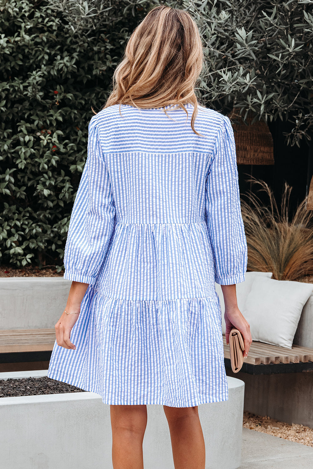 Stripe Bracelet Sleeve Tiered Dress with Pockets