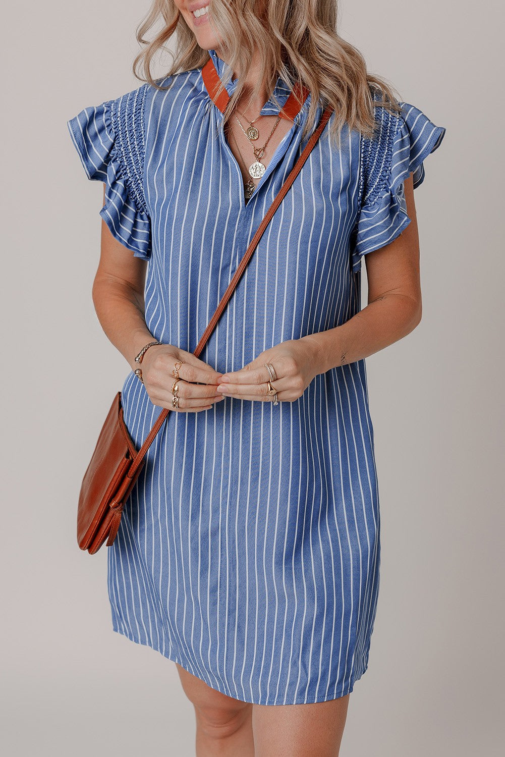 Stripe Frilly Split Neck Shirred Ruffle Sleeve Dress