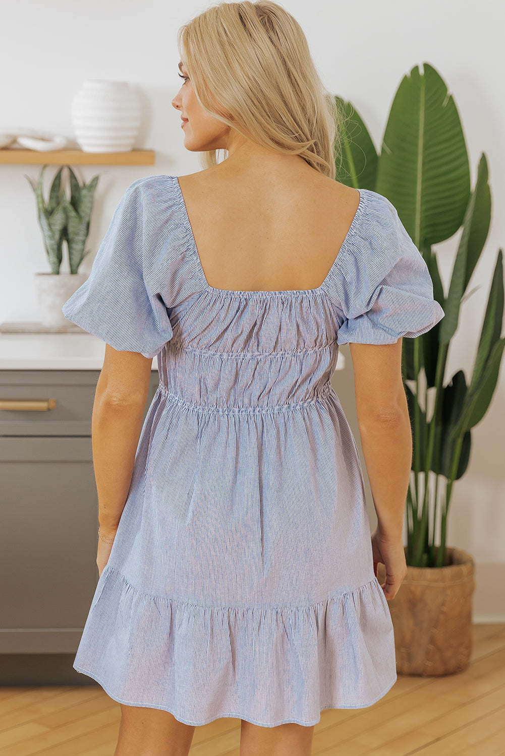 Stripe Bubble Sleeve Ruched Pocketed Babydoll Dress