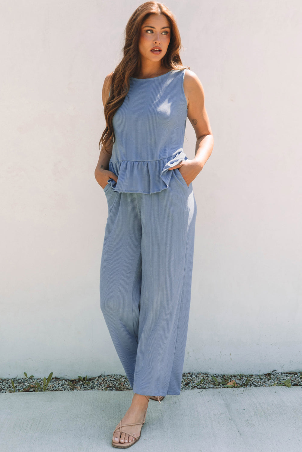 Ribbed Ruffle Tank Top and Pants Set