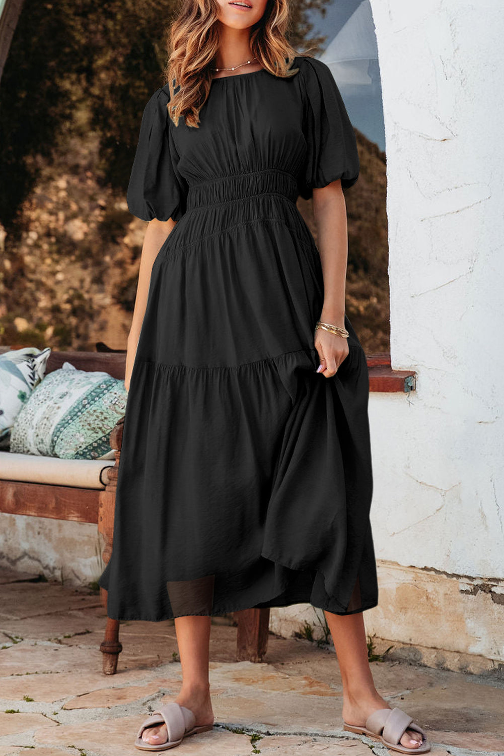 Puff Sleeve Pleated High Waist Midi Dress
