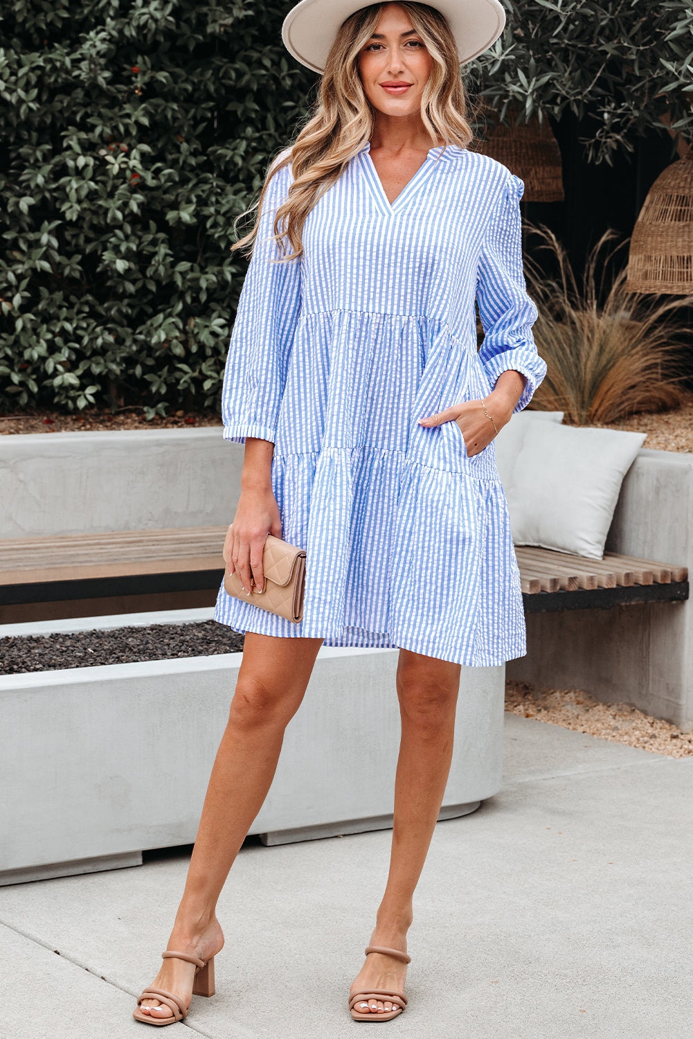 Stripe Bracelet Sleeve Tiered Dress with Pockets