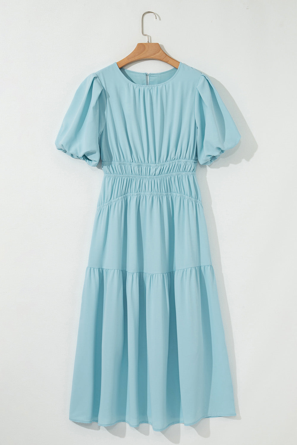 Puff Sleeve Pleated High Waist Midi Dress