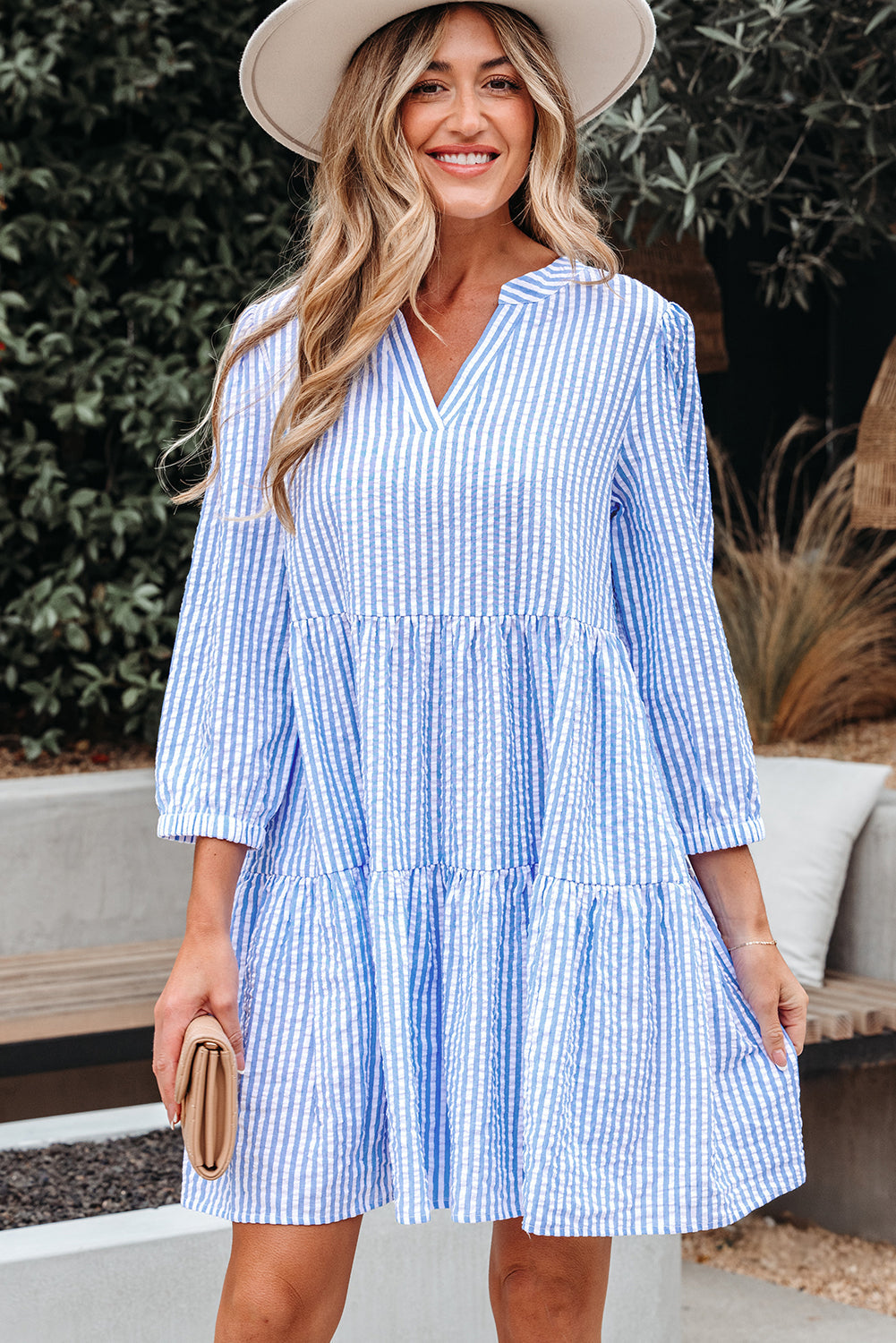 Stripe Bracelet Sleeve Tiered Dress with Pockets