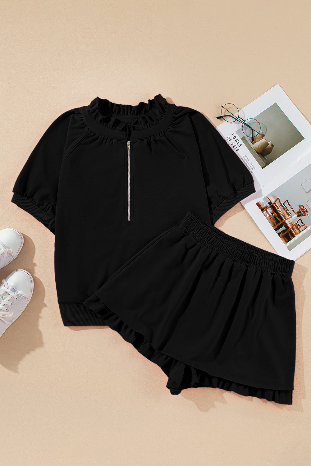 Puff Sleeve Top and Ruffled Shorts Set
