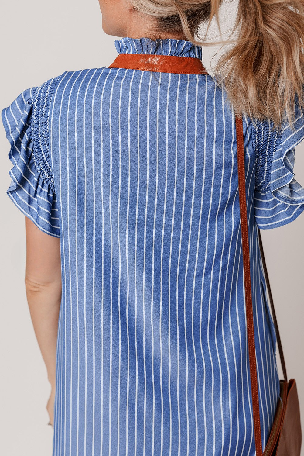 Stripe Frilly Split Neck Shirred Ruffle Sleeve Dress