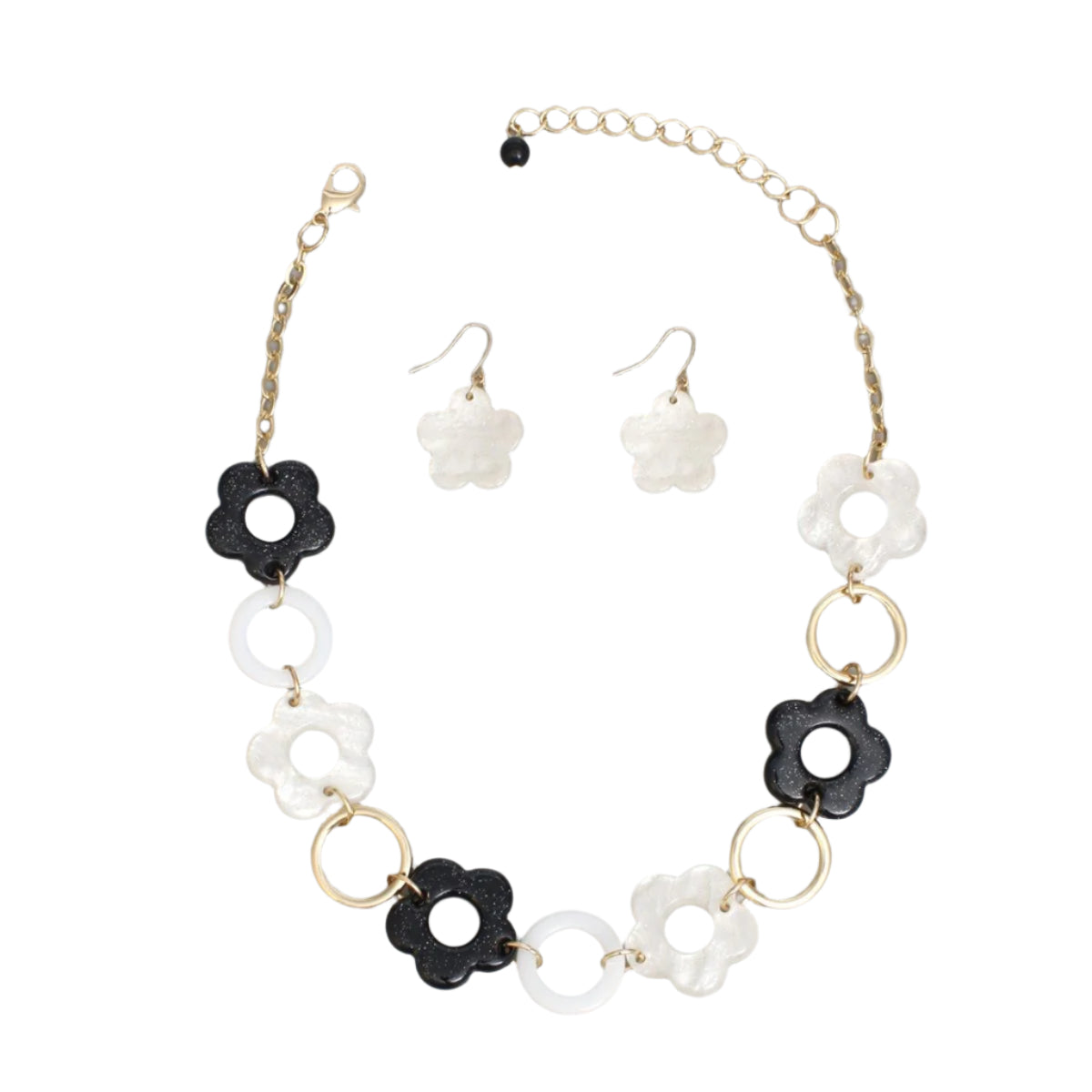 Collar Black White Marbled Flower Linked Necklace