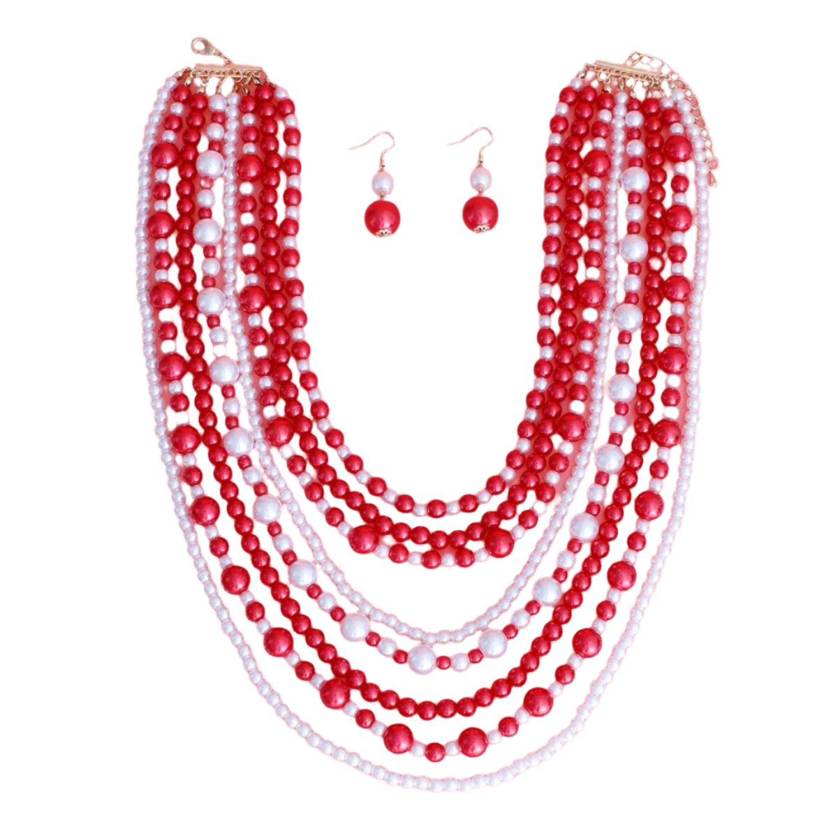 Red White Pearl 8 Strand DST Necklace Set|20 inches