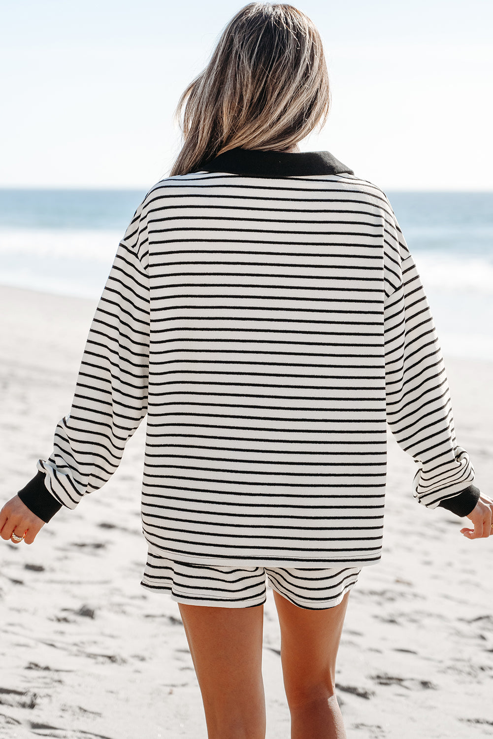 Stripe Collared Top and Drawstring Shorts Set