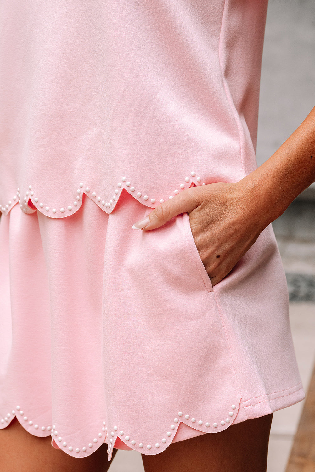 Puff Sleeve Pearl Embellished Scallop Set