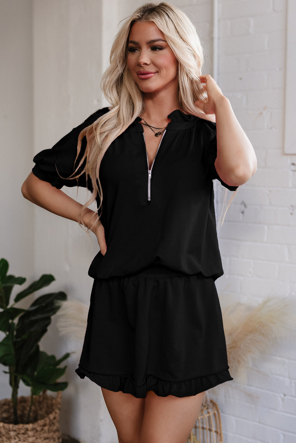 Puff Sleeve Top and Ruffled Shorts Set