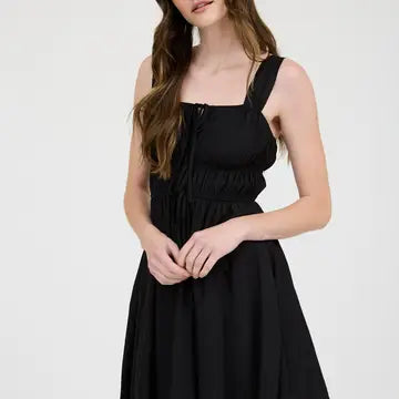 Black Front Tie Gathered Waist Sleeveless Mini Dress