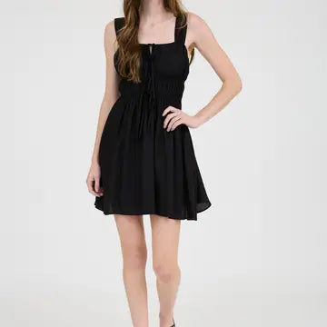 Black Front Tie Gathered Waist Sleeveless Mini Dress