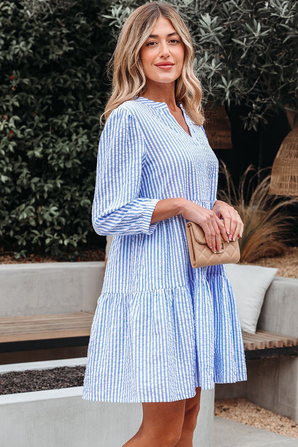 Stripe Bracelet Sleeve Tiered Dress with Pockets