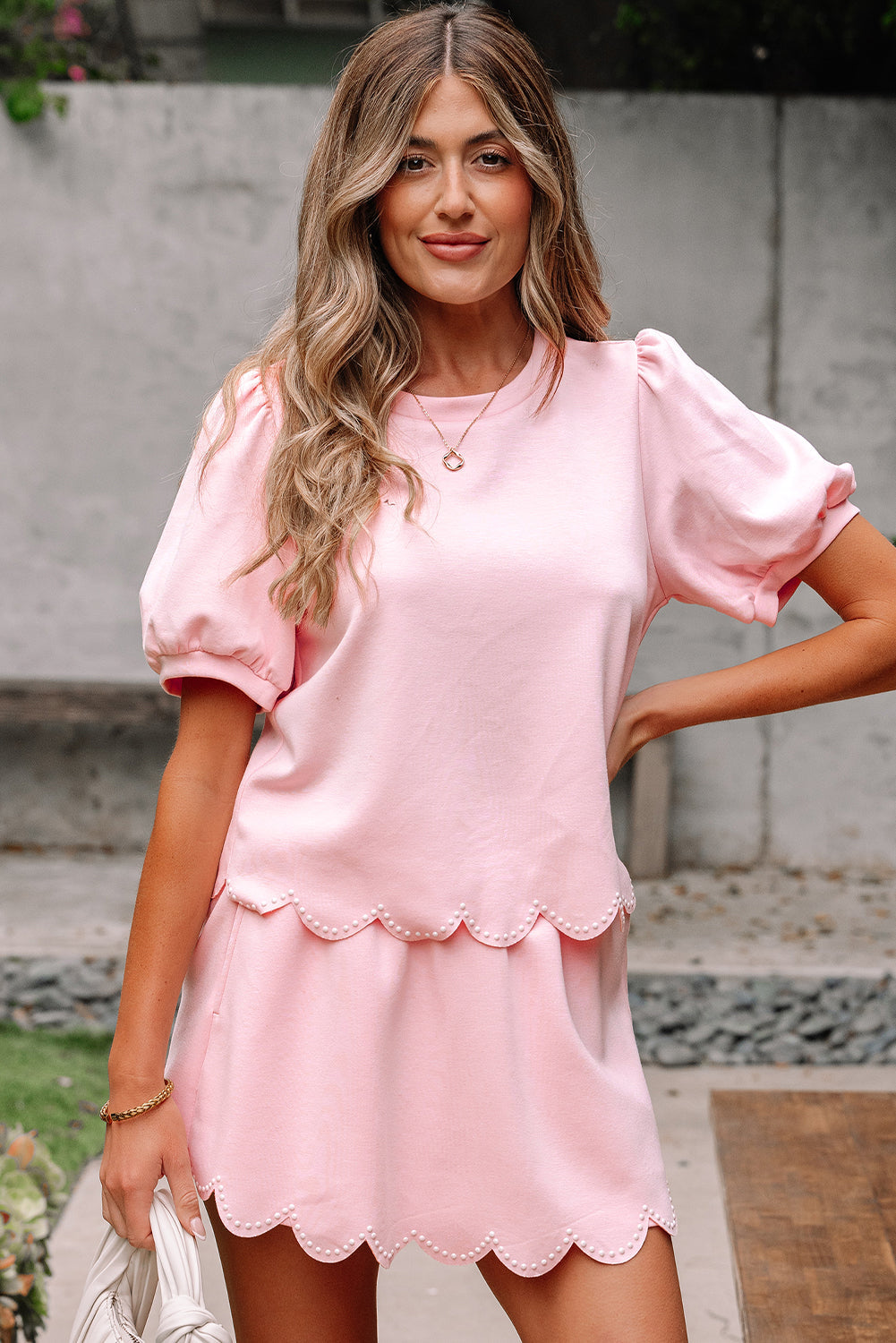 Puff Sleeve Pearl Embellished Scallop Set