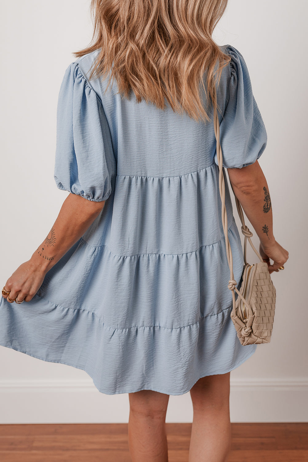 Shirt Collar Button Up Puff Sleeve Tiered Dress