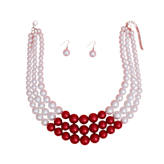 Pearl DST Necklace White Red 3 Layer Set