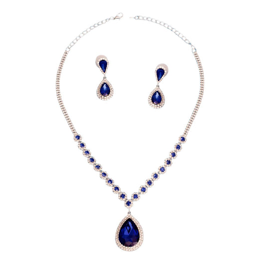 Formal Necklace Blue Teardrop Bling Set for Women