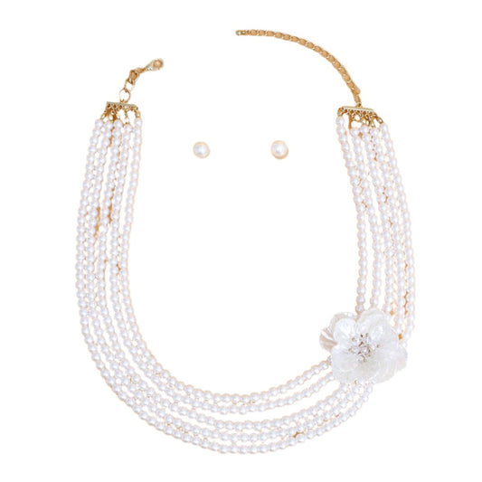 Pearl Necklace Cream 5 Strand Flower Set for Women