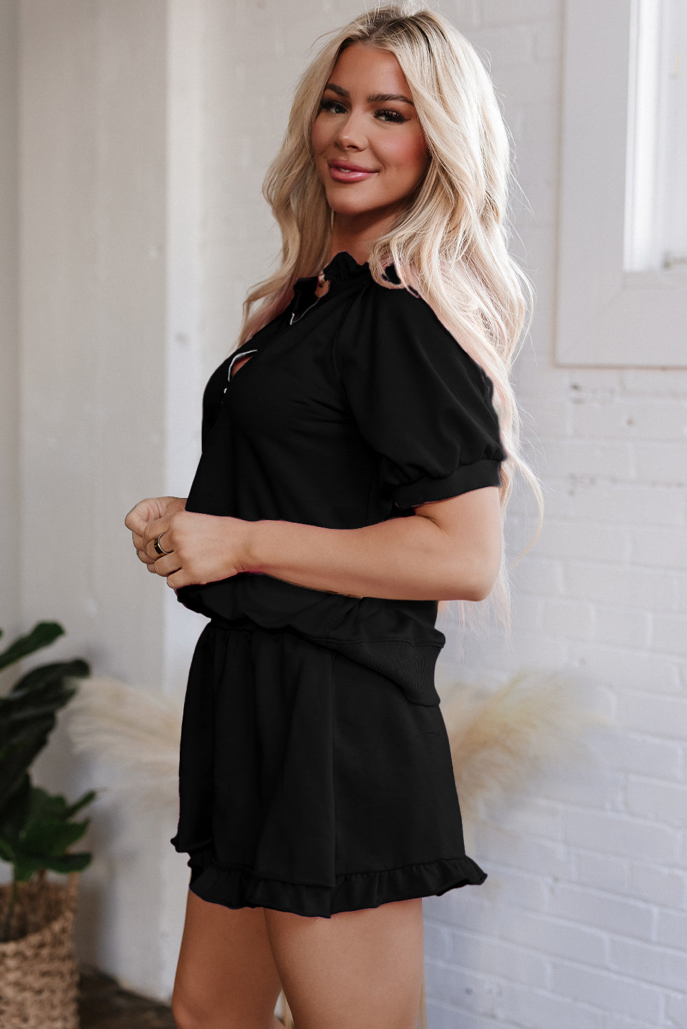 Puff Sleeve Top and Ruffled Shorts Set