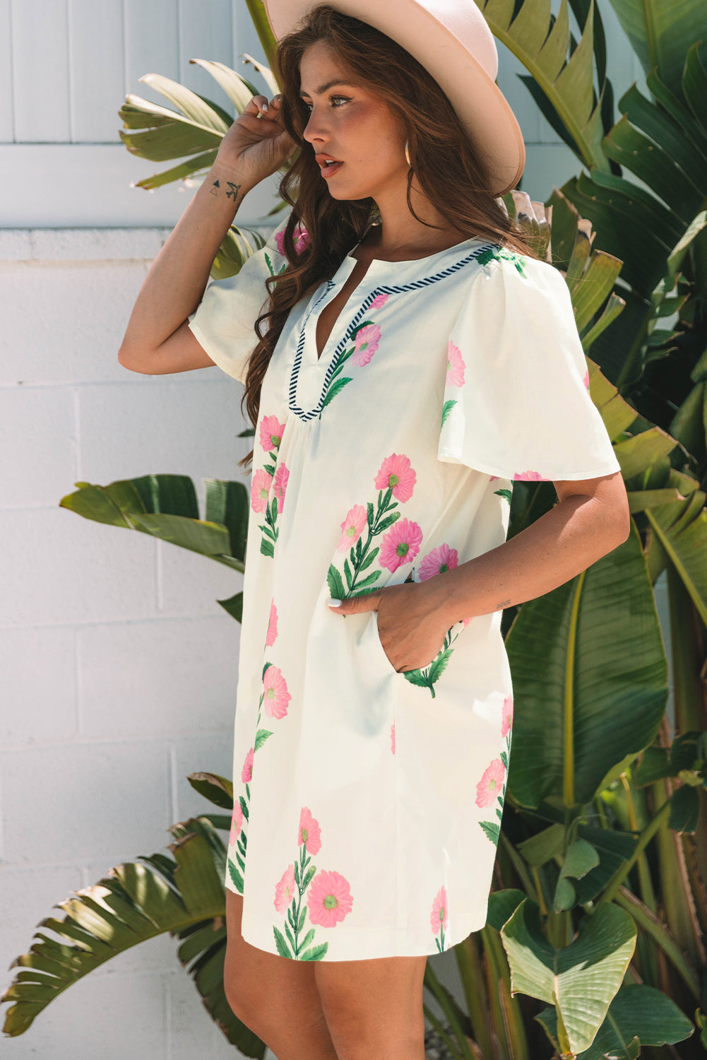 Floral Short Sleeve Split Neck Loose Mini Dress
