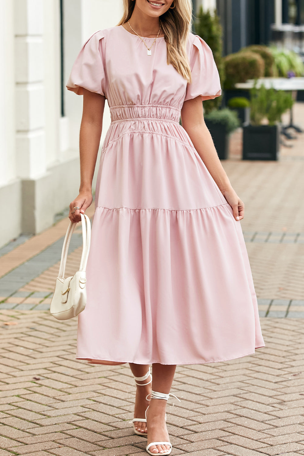 Puff Sleeve Pleated High Waist Midi Dress