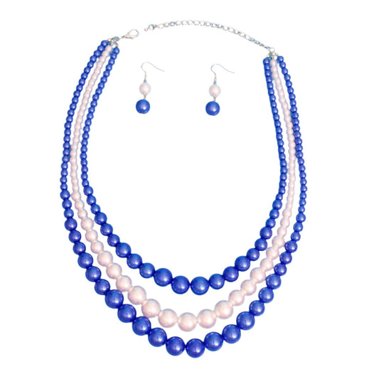Pearl Necklace Blue White 3 Strand for Women