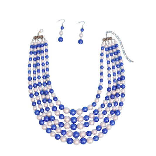 ZPB Alternating Blue White Pearl 5 Strand Necklace