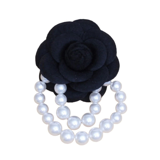 Brooch Black Flower Draped White Pearls Pin