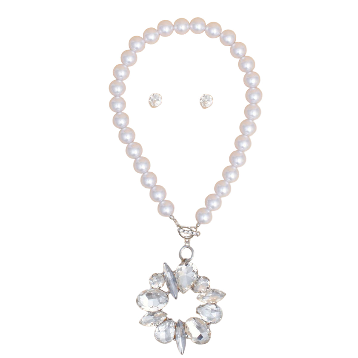 Toggle White Pearl Clear Crystal Pendant Necklace