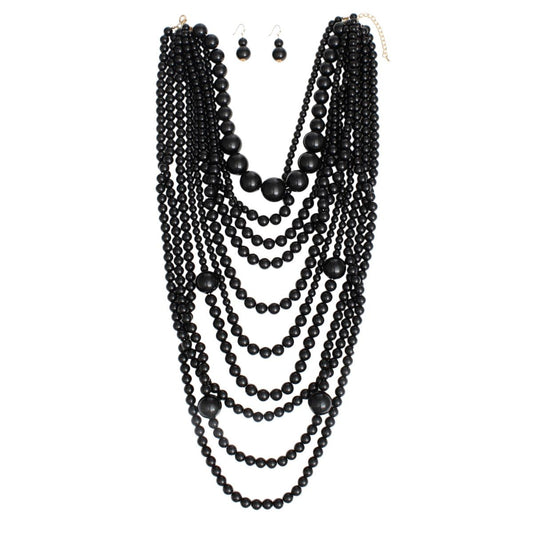 Beaded Black 10 Strand Long Layered Necklace Women
