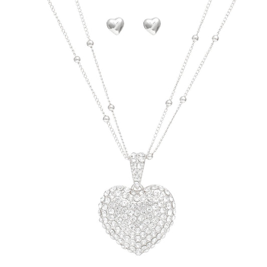 Pendant Silver 2 Layer Puffy Rhinestone Heart Set
