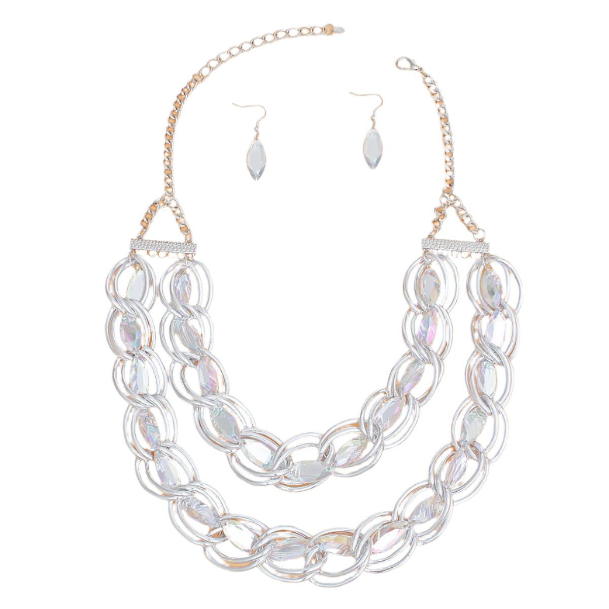 Chain Necklace Double Linked Silver Crystal Set