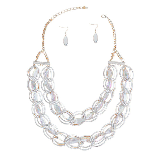 Chain Necklace Double Linked Silver Crystal Set