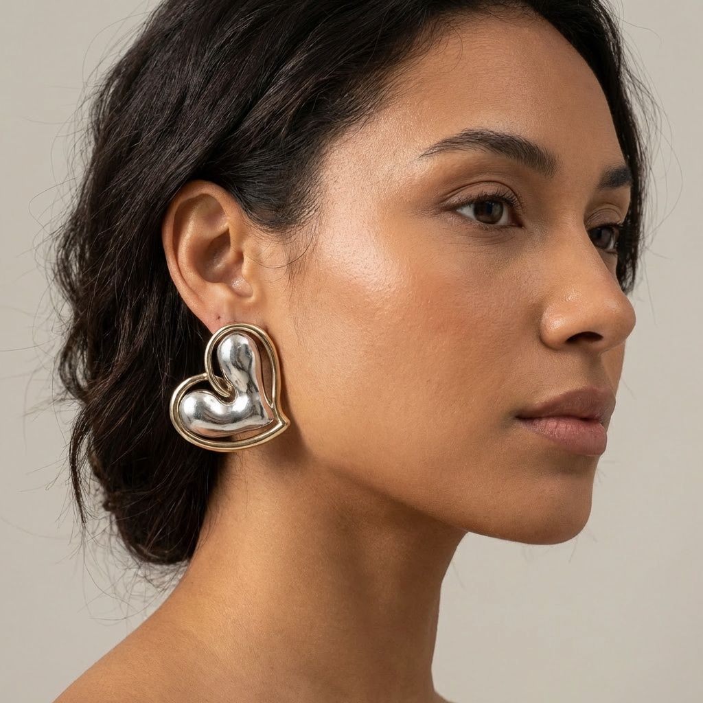 Stud Two Tone Silver Gold Chubby Heart Earrings