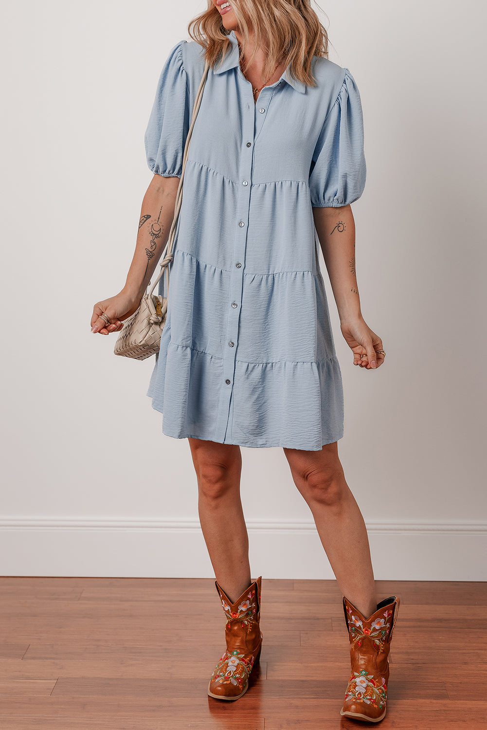 Shirt Collar Button Up Puff Sleeve Tiered Dress