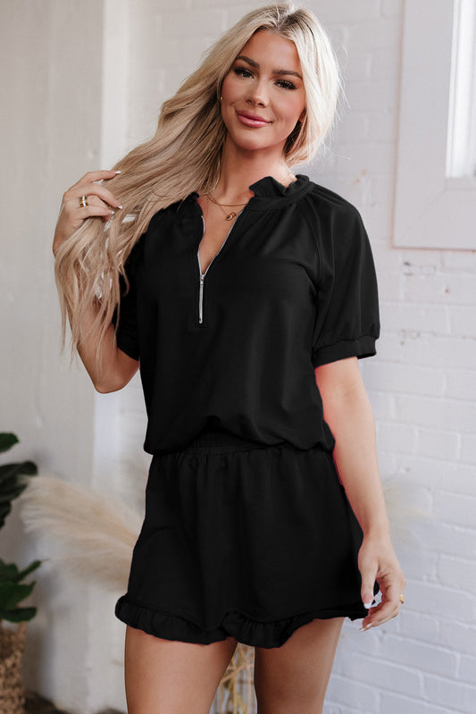 Puff Sleeve Top and Ruffled Shorts Set