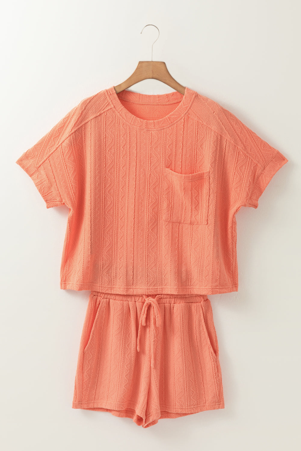 Textured Patched Pocket Drawstring Shorts Set