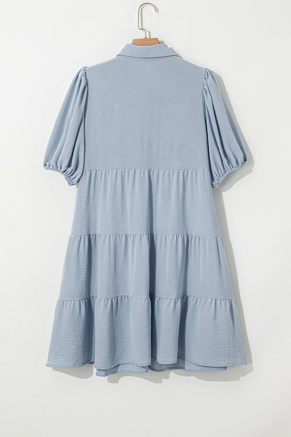 Shirt Collar Button Up Puff Sleeve Tiered Dress